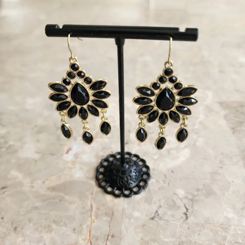 Stony Chandelier Style Black Fashion Earrings